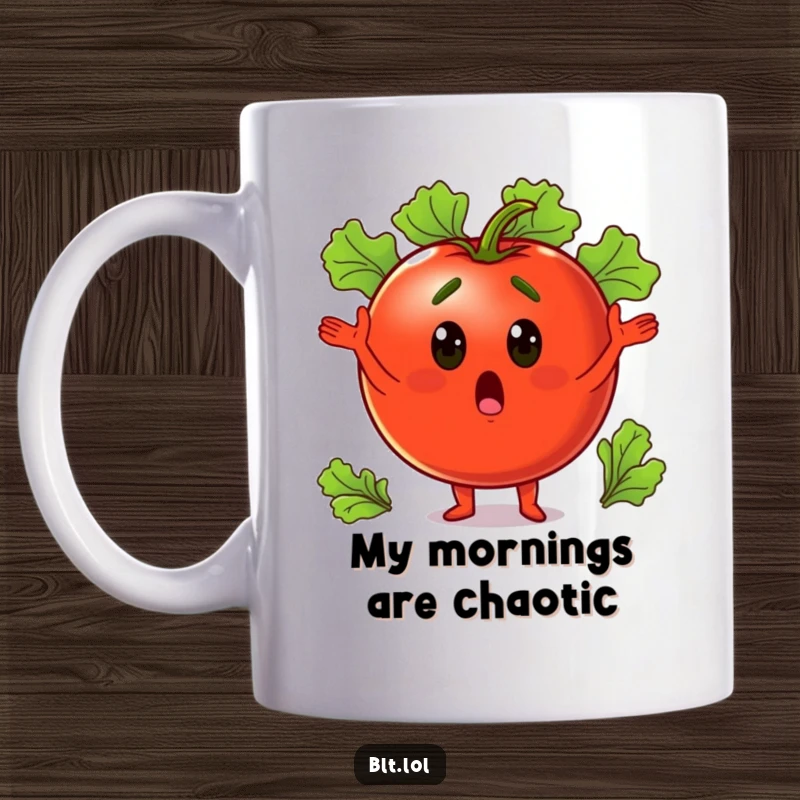 Funny, surprised tomato comically juggling green lettuce leaves, perfect for salad enthusiasts and coffee breaks.