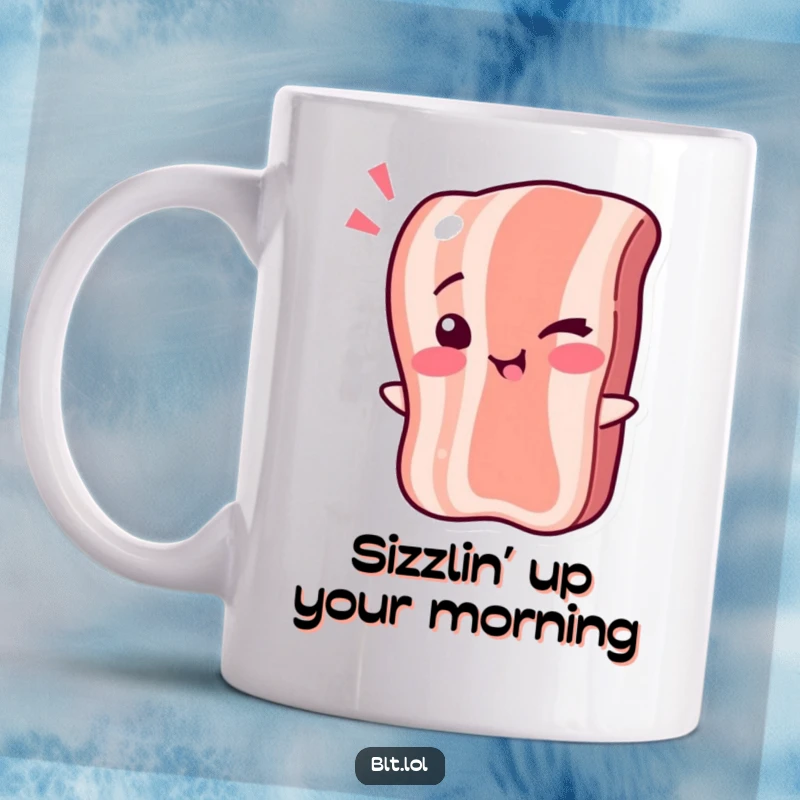 Funny Mug: A bacon strip winking playfully, full of mischievous charm. Perfect funny gift for foodies.