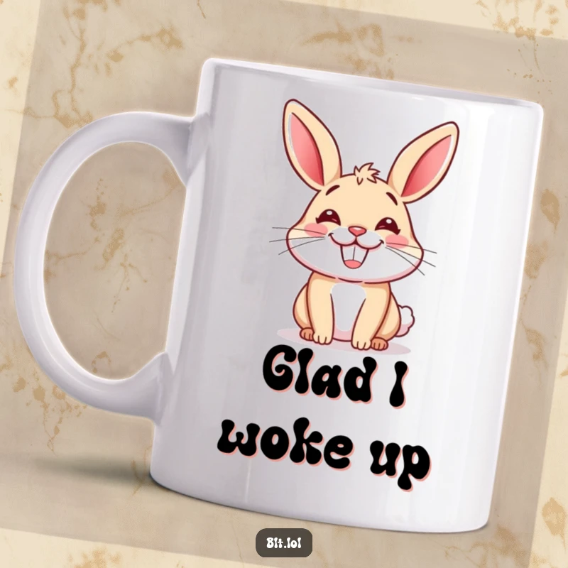 Funny mug featuring a happy cartoon bun with a huge, infectious grin, celebrating baked goods joyfully. Perfect for gift-giving.