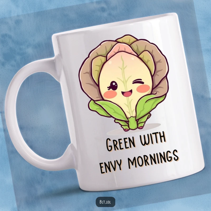 Funny Mug featuring a blushing lettuce character winking shyly, a cute and humorous vegetable illustration.