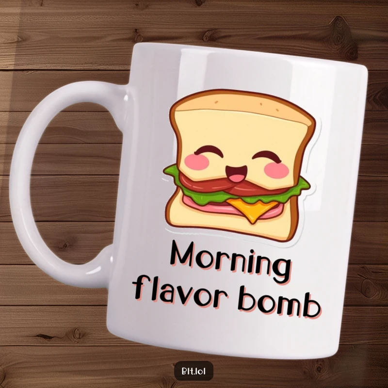 Funny BLT sandwich mug featuring a winking sandwich performing a dramatic mic drop, exuding confidence and humor.