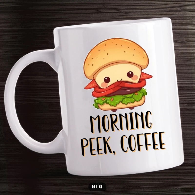 Funny Peek-a-Boo BLT Sandwich Mug, a sandwich character peeking from behind a giant bun, playful and cute, perfect gift.