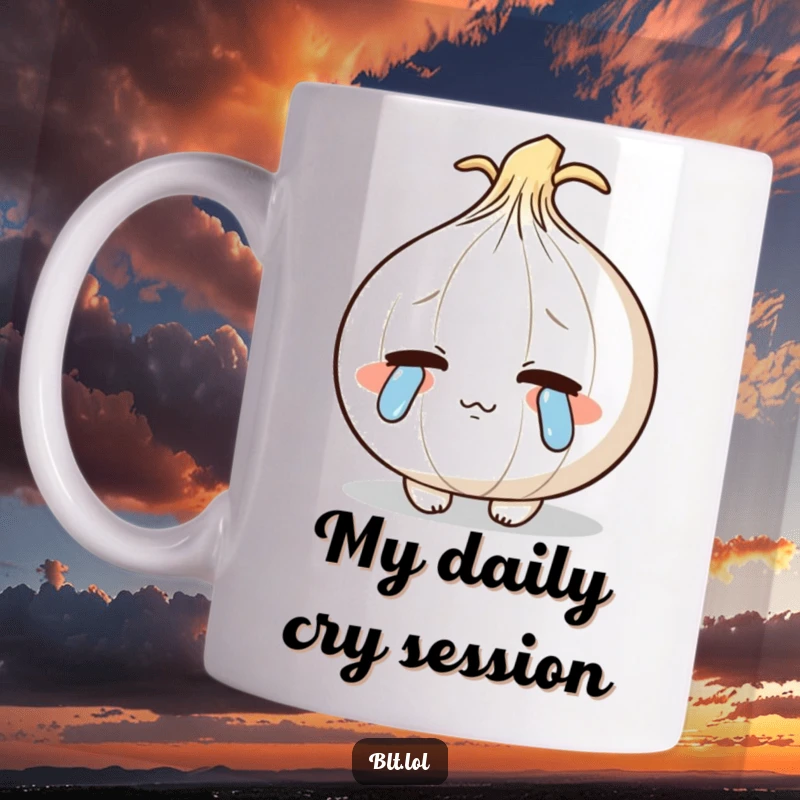 Funny shy anthropomorphic onion blushing and shedding cartoon tears, a relatable and humorous mug design.