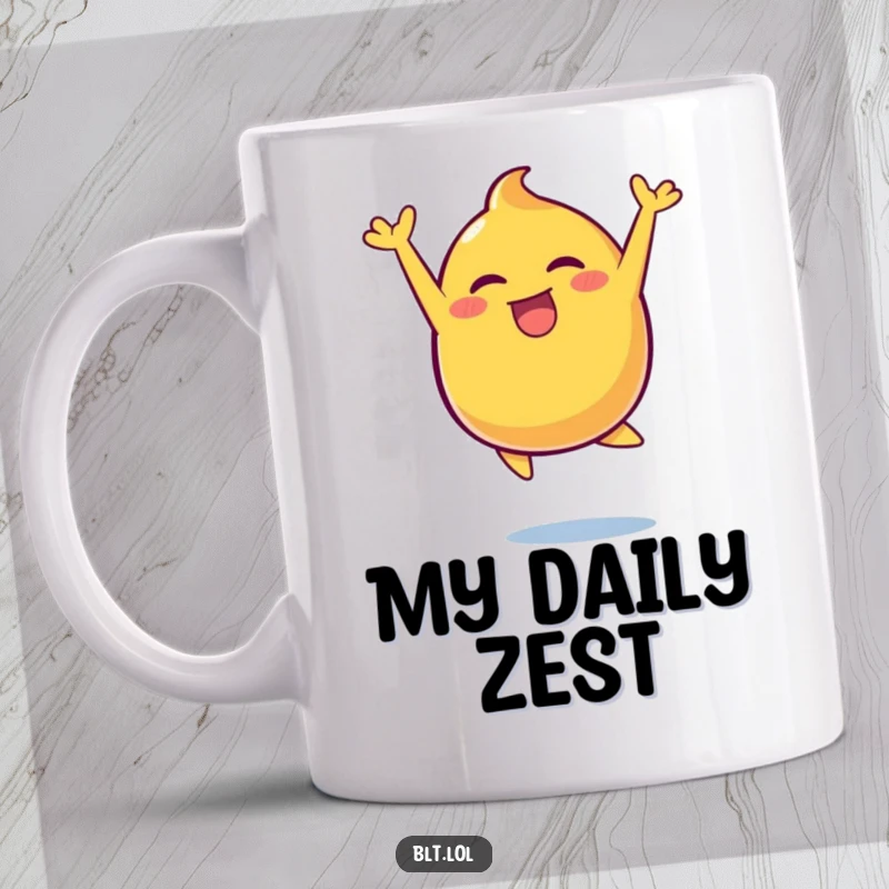 Funny, energetic mustard blob captured mid-leap with pure joy, printed on a delightful mug.