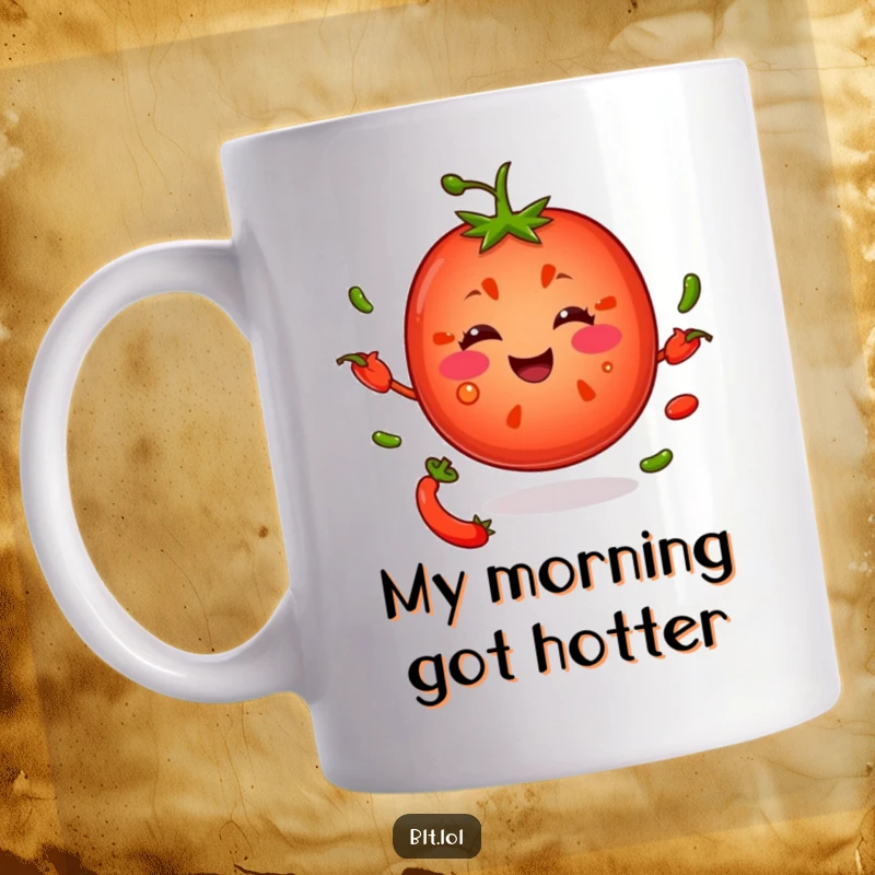 Funny smiling tomato slice expertly juggling tiny pepper seeds with a cheeky expression, perfect for a coffee mug.