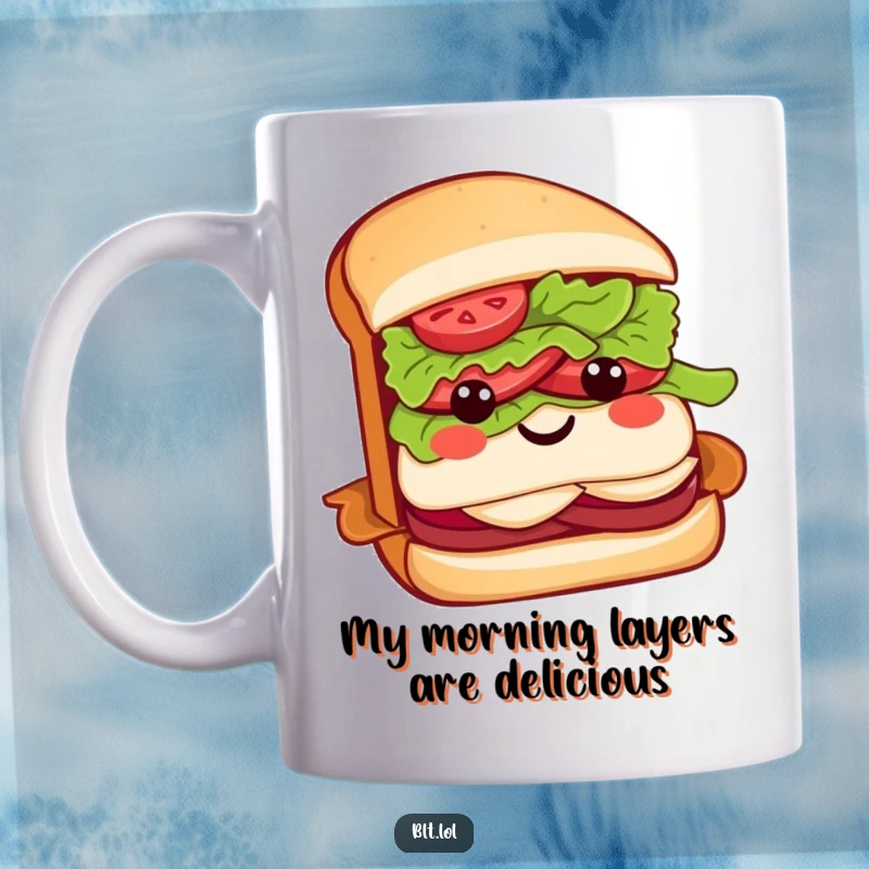 Funny BLT sandwich mug featuring a smiling character with a lettuce head in a cute bow, ready to brighten your day.