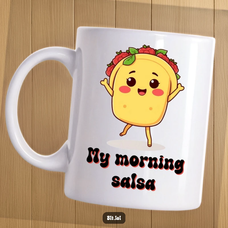 Funny Kawaii taco character with tiny legs excitedly salsa dancing, captured on a vibrant mug, perfect for gift giving.