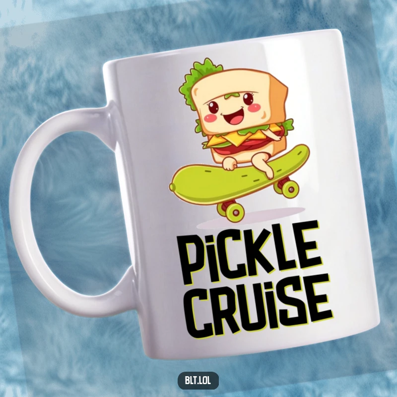 Funny BLT sandwich character smiling while riding a giant green pickle like a skateboard, depicted on a mug.