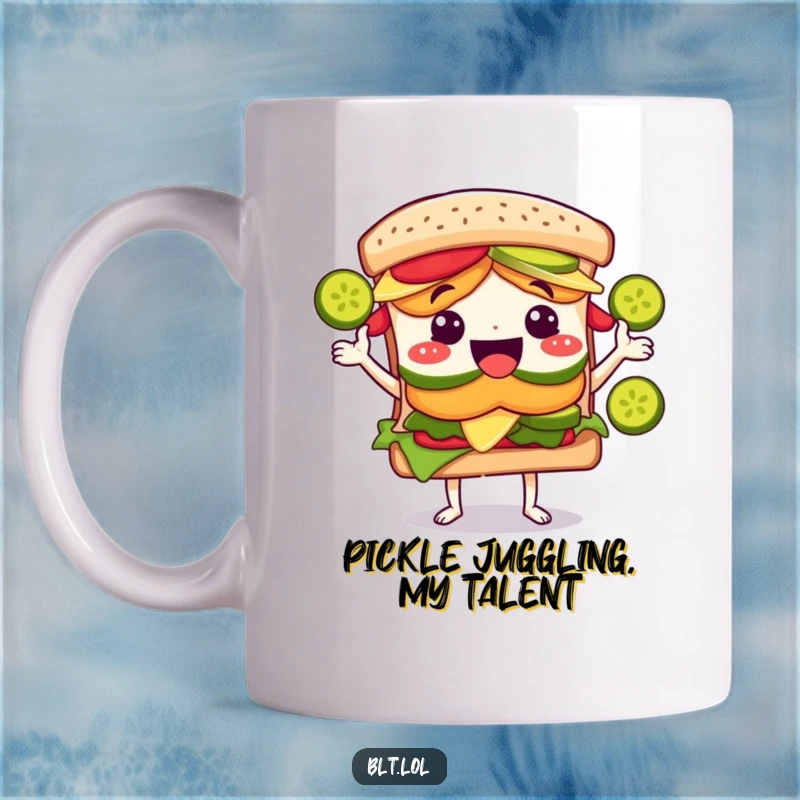 Funny BLT sandwich character joyfully juggling green pickle slices with a wide grin, perfect for coffee lovers.