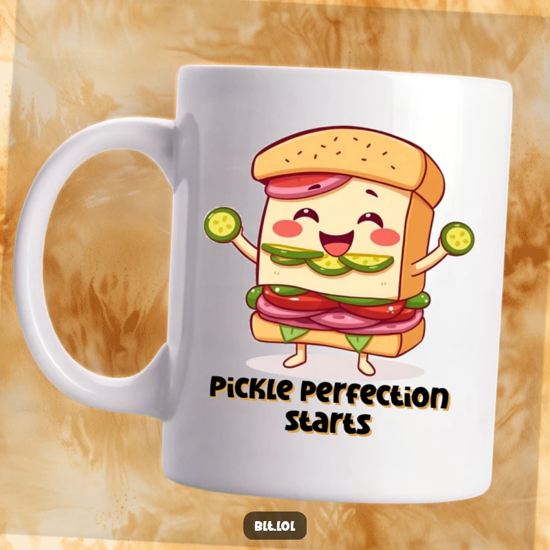 Funny Juggling BLT Sandwich Mug: A smiling BLT character expertly juggles pickle slices with a look of pure joy and skill.