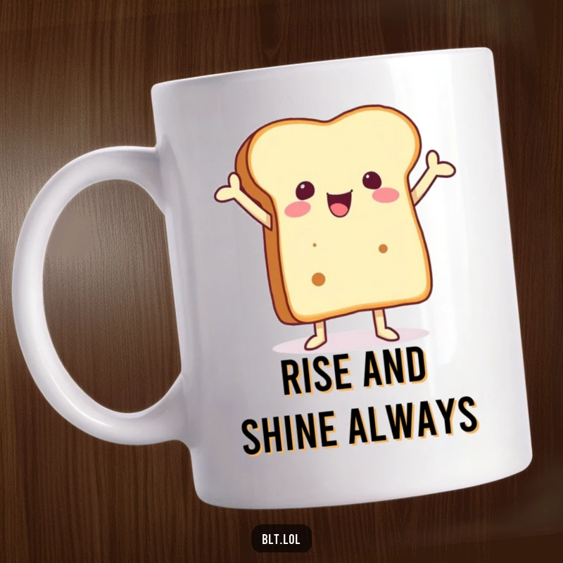 Funny mug featuring a joyful anthropomorphic bread slice with its arms raised in celebration, radiating pure happiness.