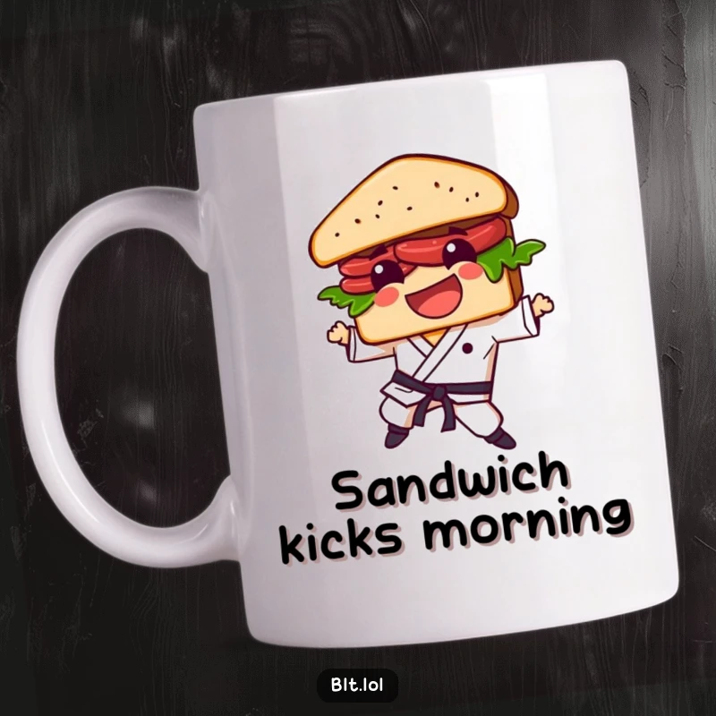 Funny BLT sandwich character with a determined face doing a powerful karate kick, ready to conquer the day.