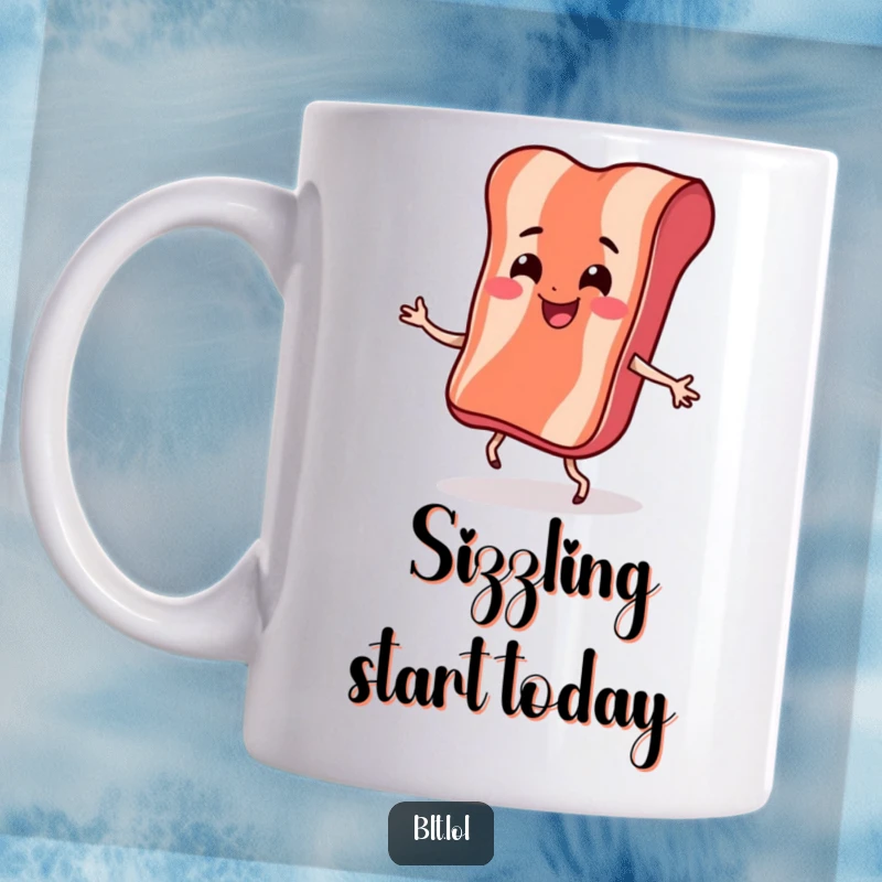 Funny Mug featuring a smiling anthropomorphic bacon strip with little legs enthusiastically doing a bouncy dance, full of breakfast cheer.