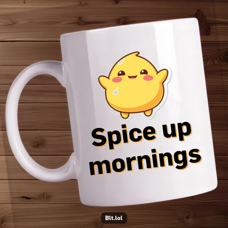 Funny Mug featuring a playful mustard blob character doing a silly wiggle, a humorous food illustration.