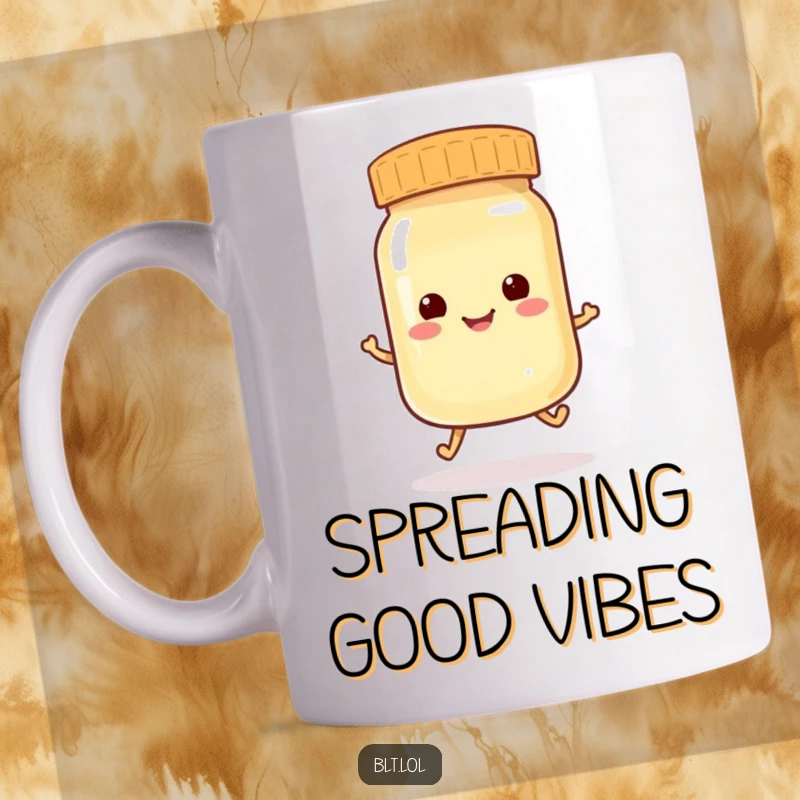 Funny anthropomorphic mayonnaise jar with a cheerful expression, doing a playful hop, a humorous condiment graphic.