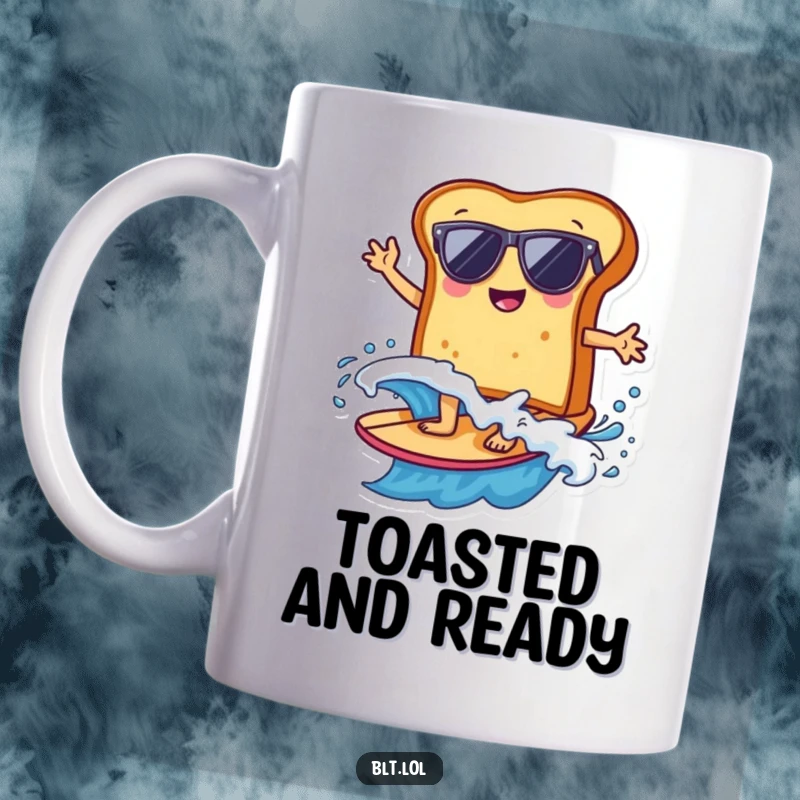 Funny bread slice wearing sunglasses cheerfully surfing a wave, embodying a cool and happy beach vibe.
