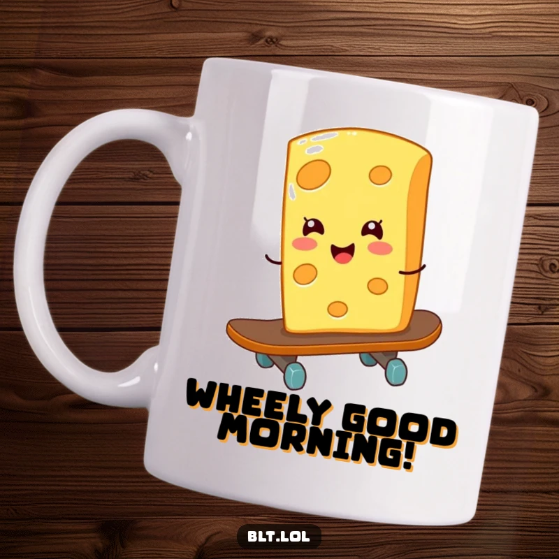 Funny giggling cheese slice on a skateboard, looking rad and humorous on a mug, perfect for a funny gift.