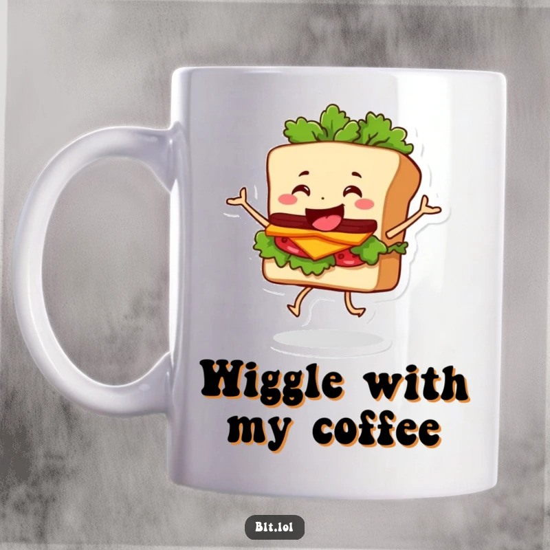 Funny Mug showing a happy BLT sandwich character performing a silly dance, with its lettuce wobbling energetically around it.