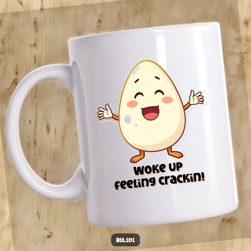 Funny anthropomorphic egg character, arms enthusiastically waving hello, a cheerful breakfast graphic on a mug.