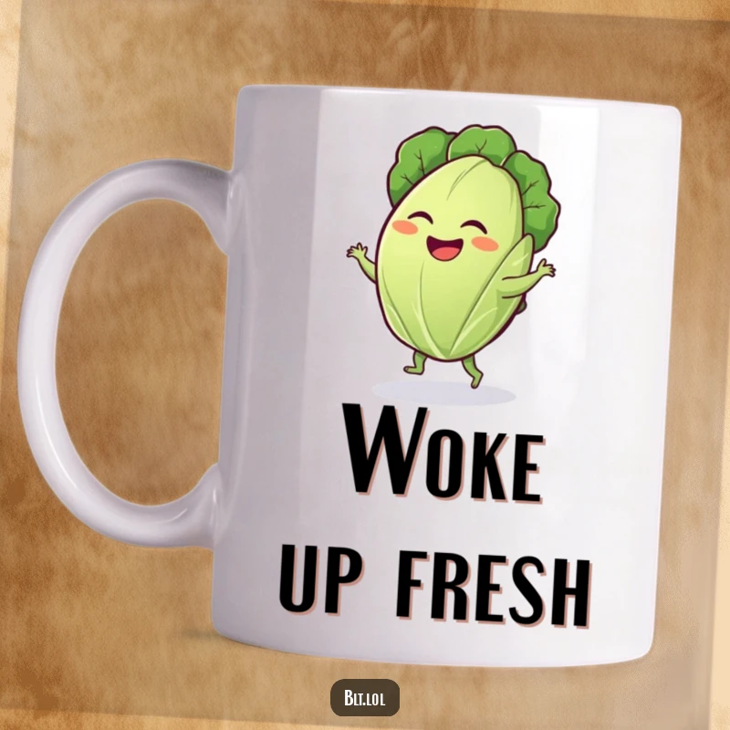 Funny lettuce leaf mug featuring a giggling leaf performing a silly dance, conveying pure joy and movement.