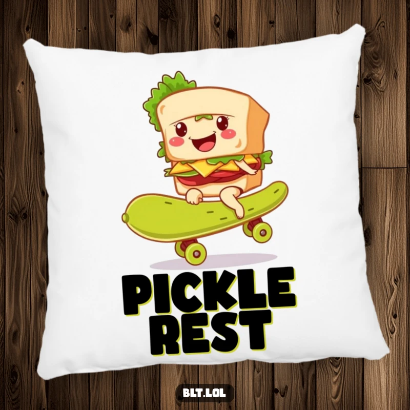 Soft pillow featuring a funny BLT sandwich character smiling while skateboarding on a giant pickle.
