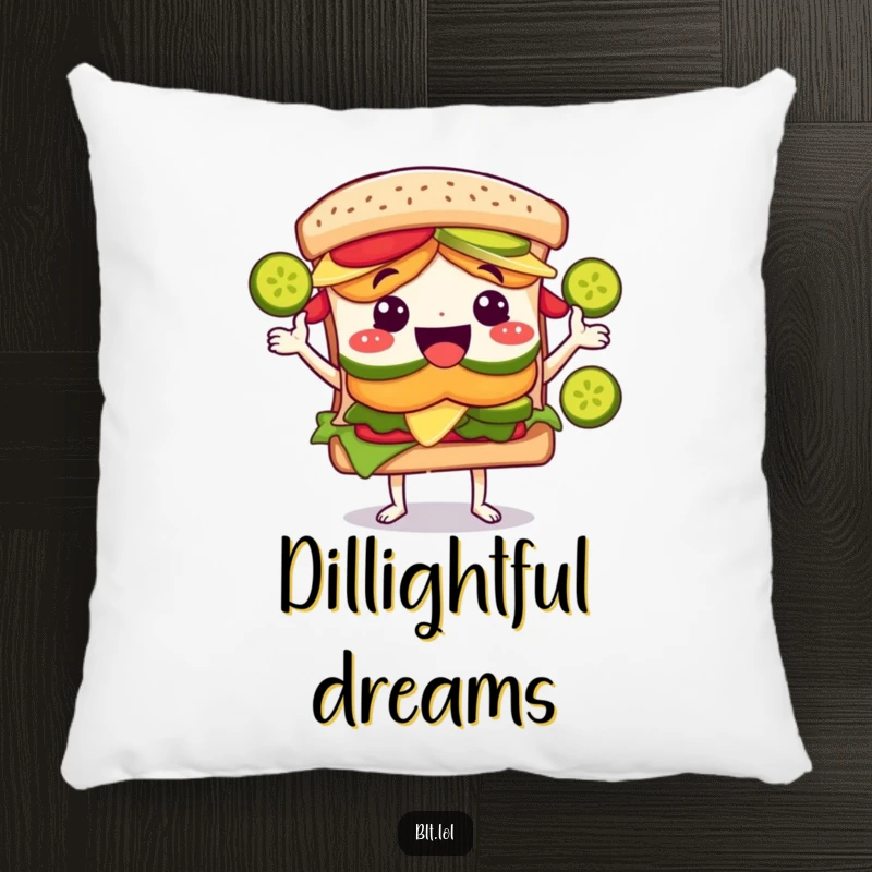 Soft, plush pillow featuring a funny BLT sandwich character happily juggling green pickle slices with a cheerful expression.