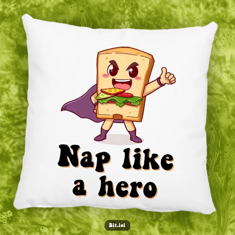 Funny pillow featuring a BLT sandwich in a powerful superhero stance, offering comfort and a side of humor.