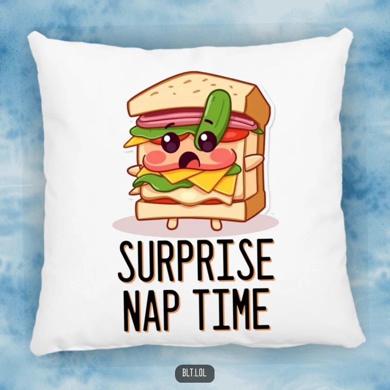 Funny pillow featuring a BLT sandwich looking surprised by a falling pickle, offering comfort and a humorous scenario.