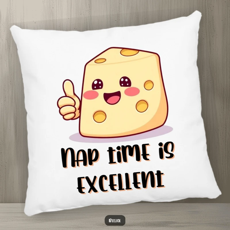 Funny pillow with a beaming cheese slice giving a thumbs up, perfect for adding comfort and a positive, cheesy touch.