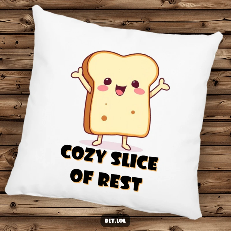 Funny pillow with a joyful anthropomorphic bread slice with arms raised, a soft and humorous decorative accent.