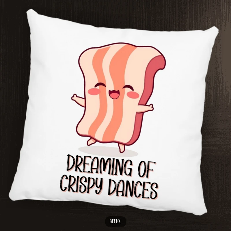 Funny Bacon Dance Pillow: A giggling piece of bacon character is dancing cheerfully, offering plush comfort and humorous decor.