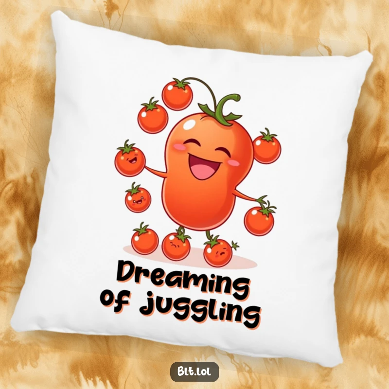 Funny tomato pillow featuring a laughing tomato juggling smaller tomatoes, adding comfort and garden-themed humor.