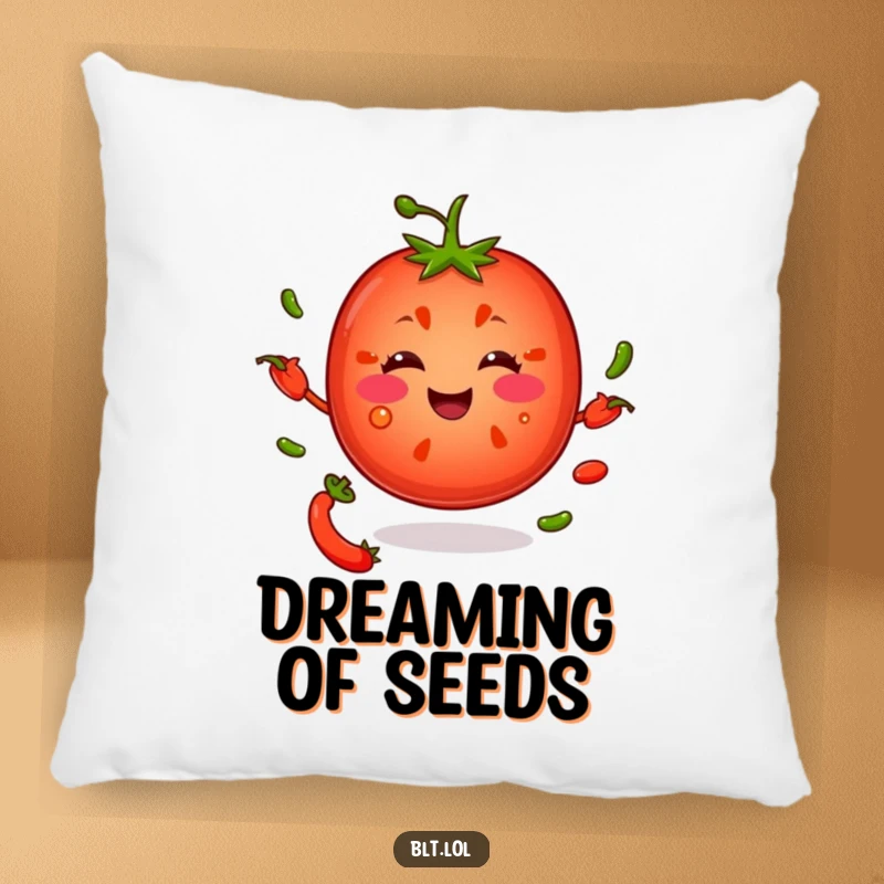 Funny smiling tomato slice juggling pepper seeds, printed on a soft, decorative pillow for ultimate comfort and humor.