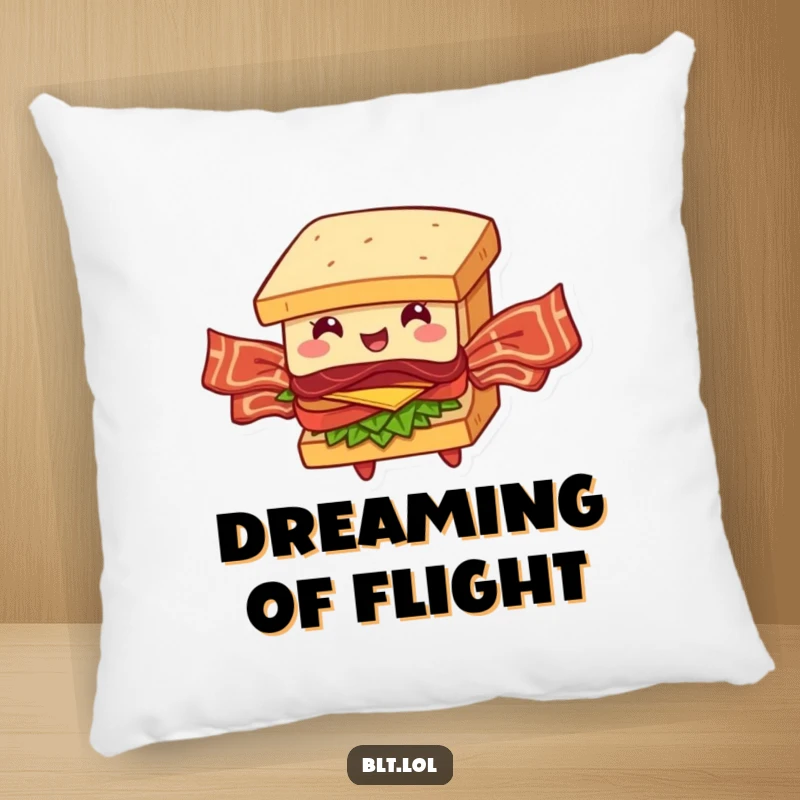 Funny BLT Sandwich Pillow: A soft cushion with a comical BLT character flapping bacon wings, designed for humorous relaxation.