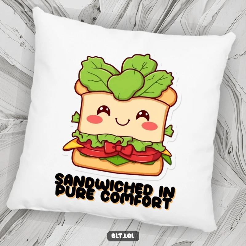 Funny BLT Sandwich Pillow: A smiling BLT character with a lettuce head in a bow, offering plush comfort and humorous decor.