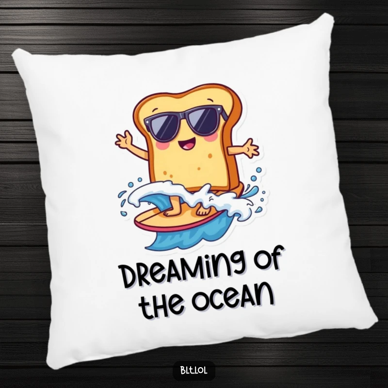 Funny bread slice wearing sunglasses surfing a wave, offering comfort and beachy humor, a soft pillow for relaxation.