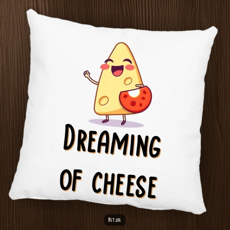Funny pillow featuring a laughing anthropomorphic cheese slice balancing a tiny tomato, a soft and humorous decorative accent.