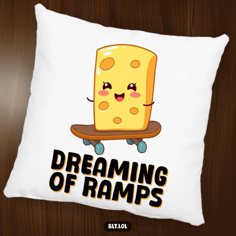 Funny giggling cheese slice on a skateboard on a pillow, offering cozy comfort with a rad, cheesy twist.