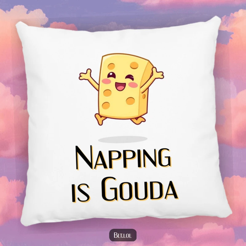 Funny Pillow with a happy cheese slice character doing a joyful jump, a soft and humorous decorative food item.