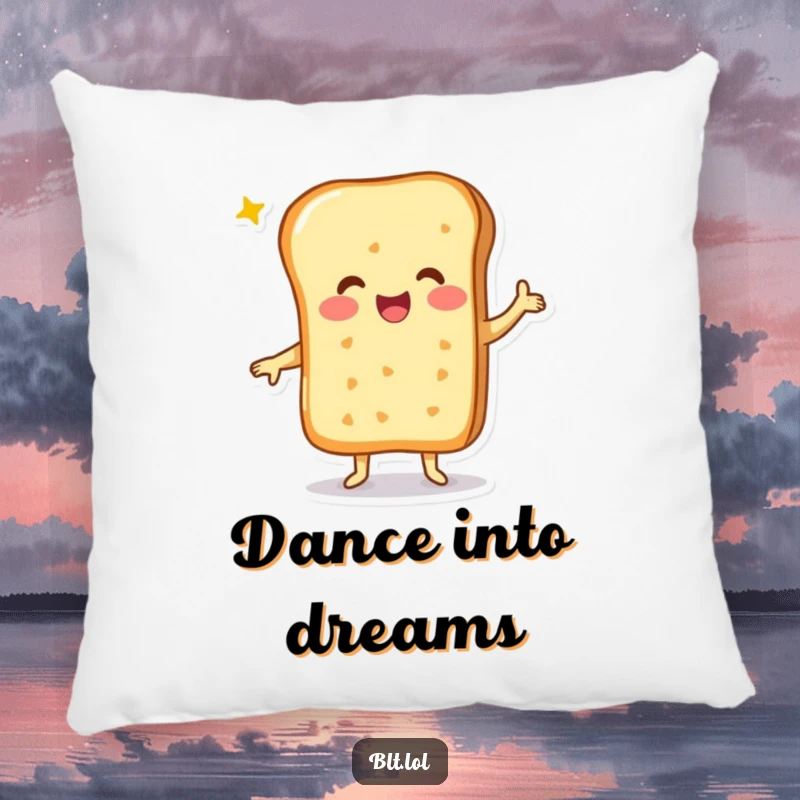 Funny cheesy bread character in a happy dance pose, featured on a soft and cuddly pillow.