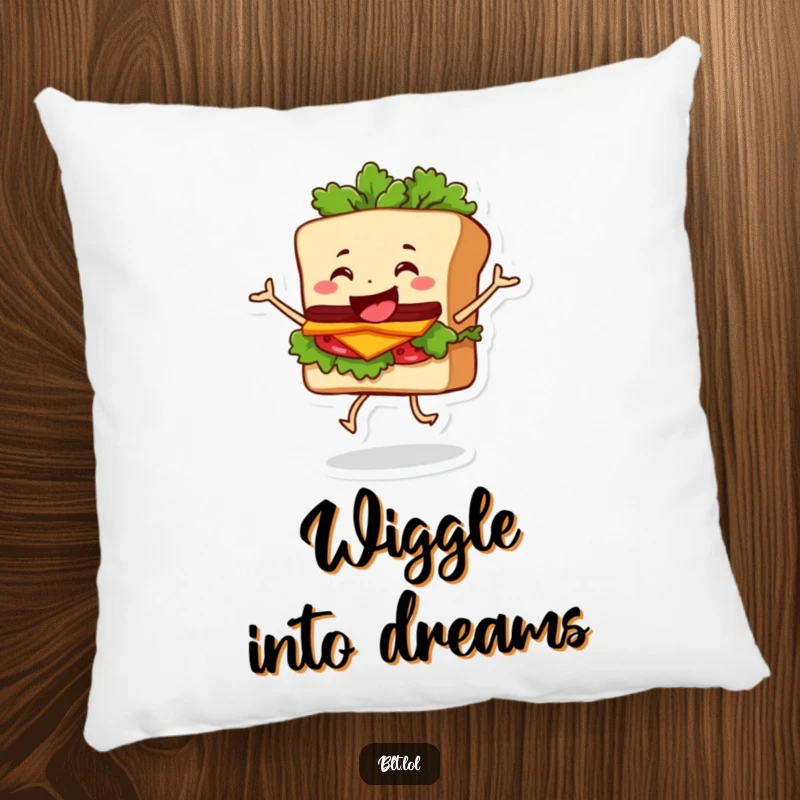 Funny Pillow showcasing a happy BLT sandwich character dancing with its lettuce wobbling, adding a whimsical touch to any room.