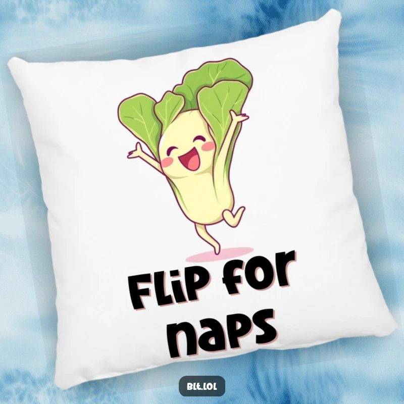 Funny lettuce leaf character in a dynamic gymnastics flip pose, featured on a soft and comfortable pillow.
