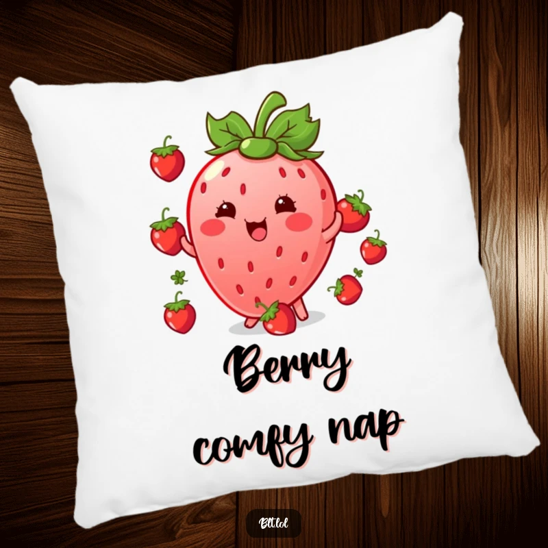 Funny giggling Kawaii strawberry character juggling berries on a soft pillow, ideal for comfort and a smile.