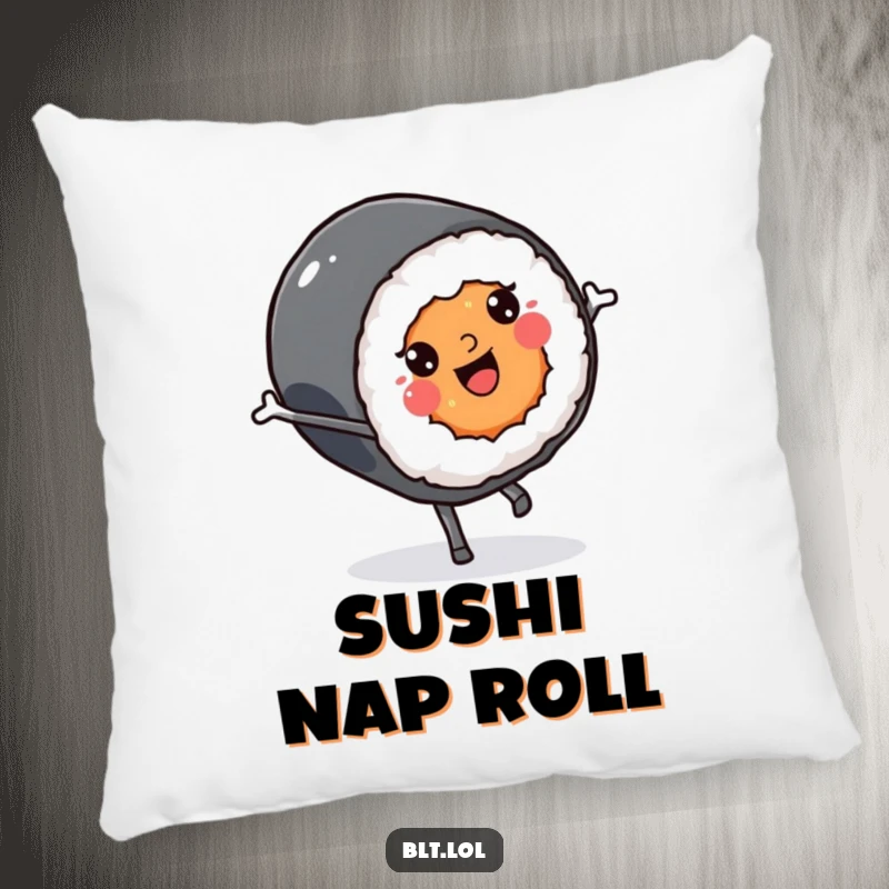 Funny smiling Kawaii sushi roll character doing a cartwheel on a soft pillow, offering comfort and humor.