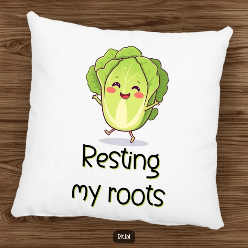 Funny Pillow showcasing a happy anthropomorphic lettuce slice with tiny legs doing a bouncy, joyful jig, soft and inviting.