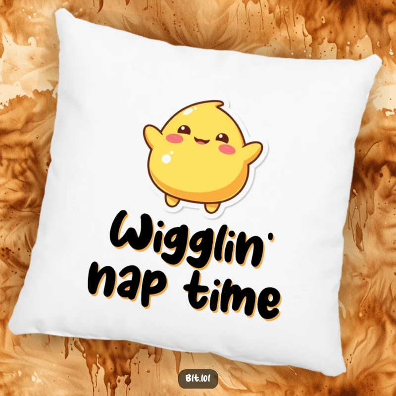 Funny Pillow with a playful mustard blob character doing a silly wiggle, a soft and humorous decorative food item.