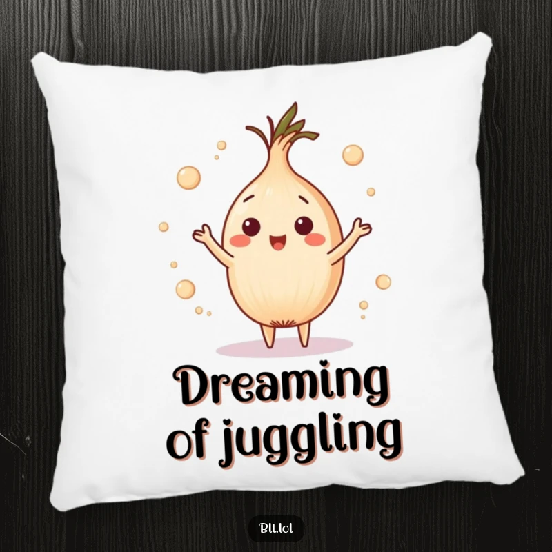 Funny playful onion ring juggling tiny circles on a pillow, offering cozy comfort and playful, whimsical humor.