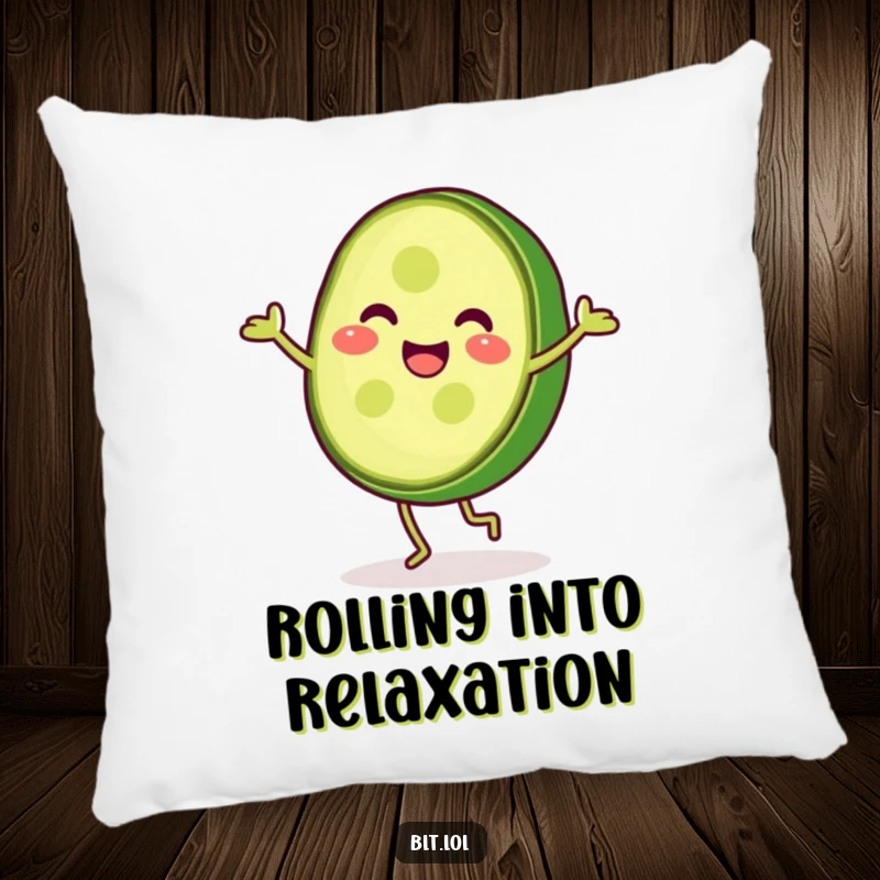 Funny pickle slice doing a cartwheel, offering comfort and cheer, a soft and squishy pillow for delightful home accents.