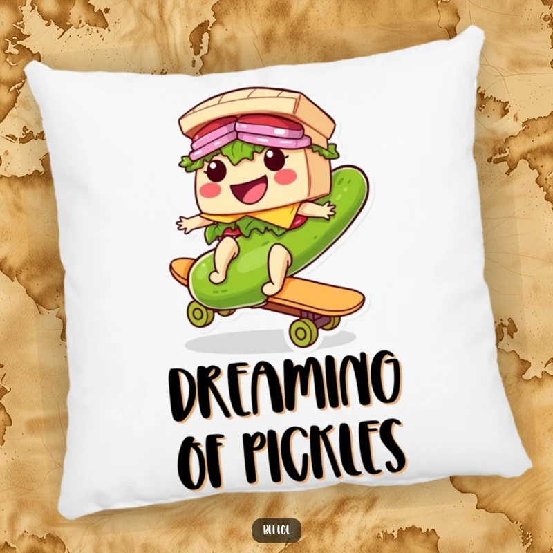 Funny Riding BLT Sandwich Pillow: A soft cushion featuring a smiling BLT character riding a giant pickle like a skateboard for humorous comfort.