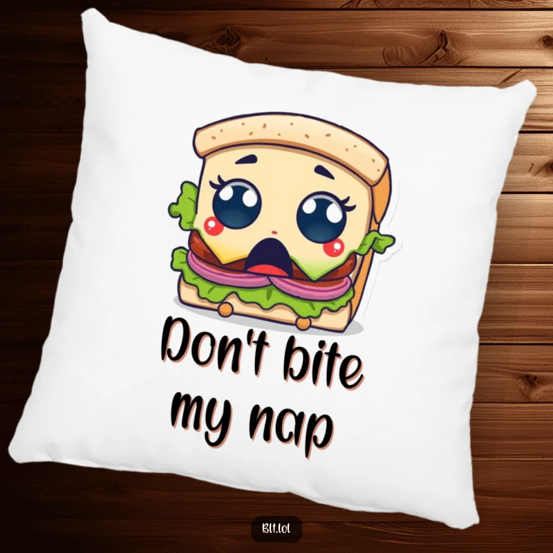 Funny Pillow showcasing a BLT sandwich character with wide, surprised eyes as it gets a bite taken, perfect for adding comfort.